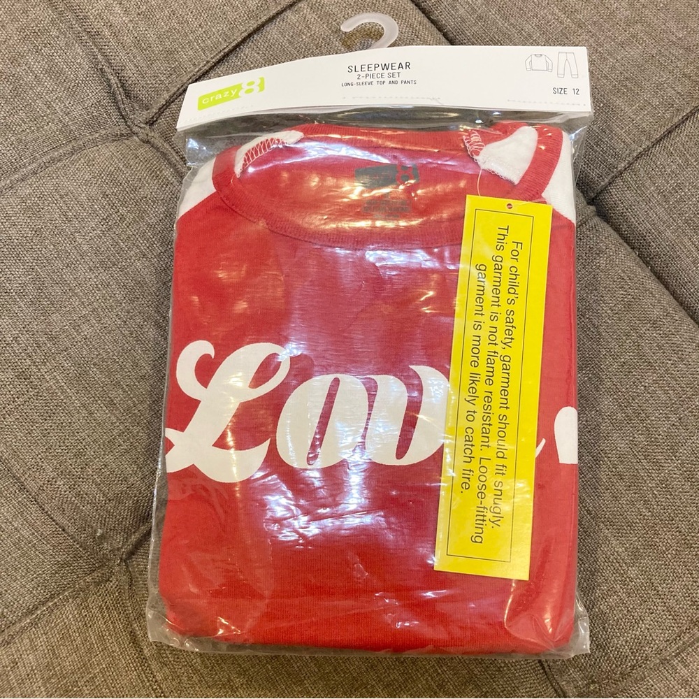 NWT Girls Pajama Set Red Love Long Sleeve and Pants Cotton Set Size 12